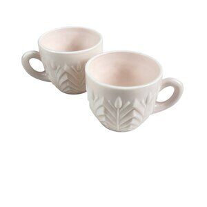 Boho White Ceramic Mugs Set of 2 Embossed Leaf Design 12oz Modern Cottage Coffee